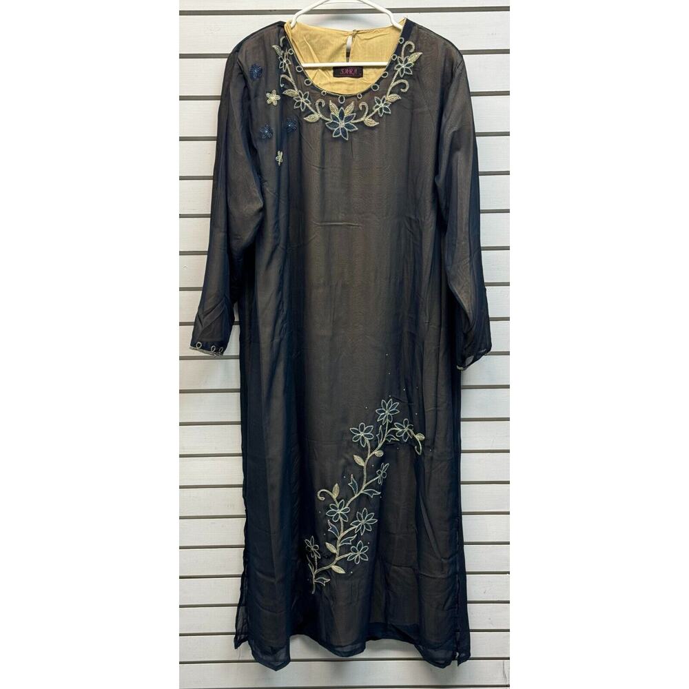 Vtg Sara Kaftan Dress M Abaya Embroidery Blue Sheer Tan Lined Modest Traditional